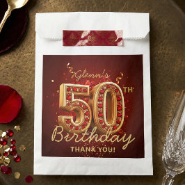 Bolsa De Papel Elegante Rojo Rubí Dorado Cumpleaños 50 Agradecimi