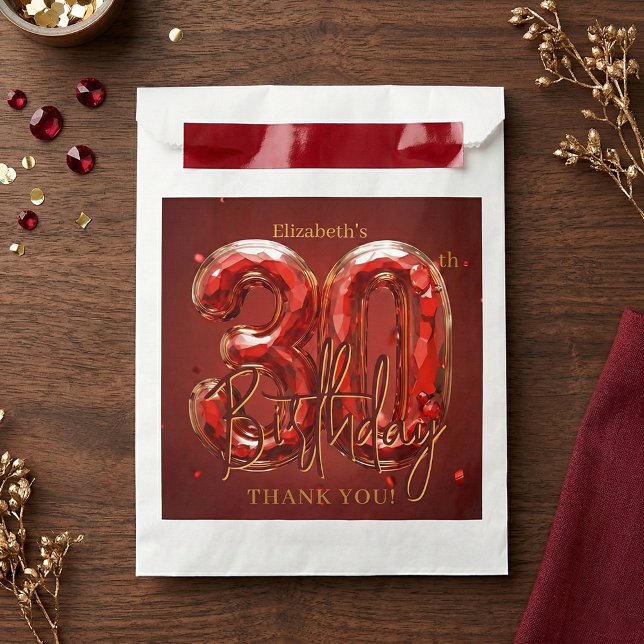 Bolsa De Papel Elegante Rojo Rubí Oro Cumpleaños 30 Agradecimient (Subido por el creador)