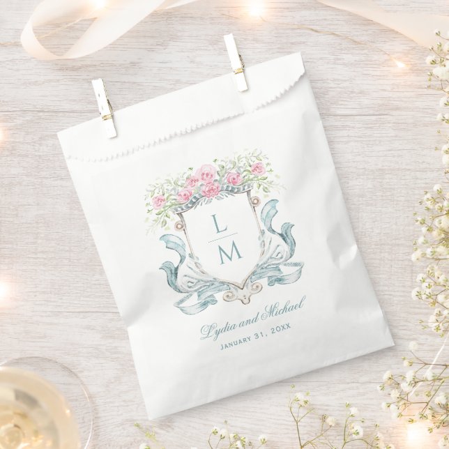 Bolsa De Papel Elegante Rosa Escudo con Bow | Boda de monograma (Cortado)