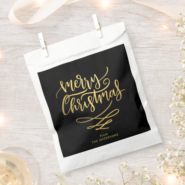 Bolsa De Papel Elegante Script de Feliz Navidad en Negro y Dorado (Cortado)