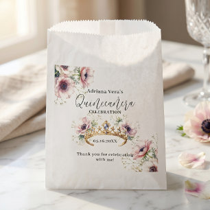 Bolsa De Papel Elegante Tiara Dorada Floral Rosa Favor de Quincea