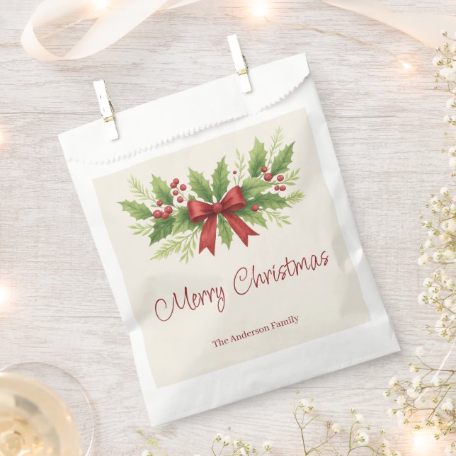 Bolsa De Papel Elegantes Navidades Holly y Red Bow - (Cortado)