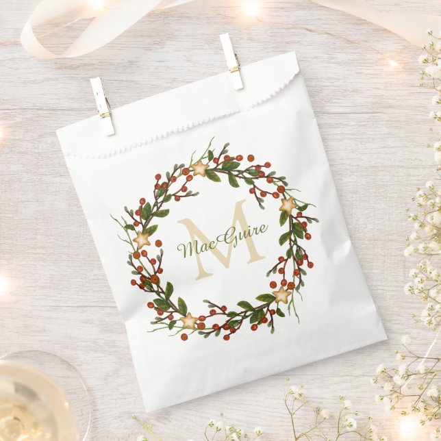 Bolsa De Papel Elegantes Navidades Wreath Monogrammed (Cortado)