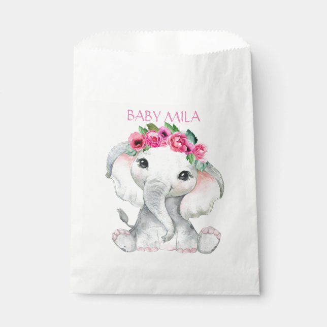 Bolsa De Papel Elephant pink girl baby shower favor (Anverso)