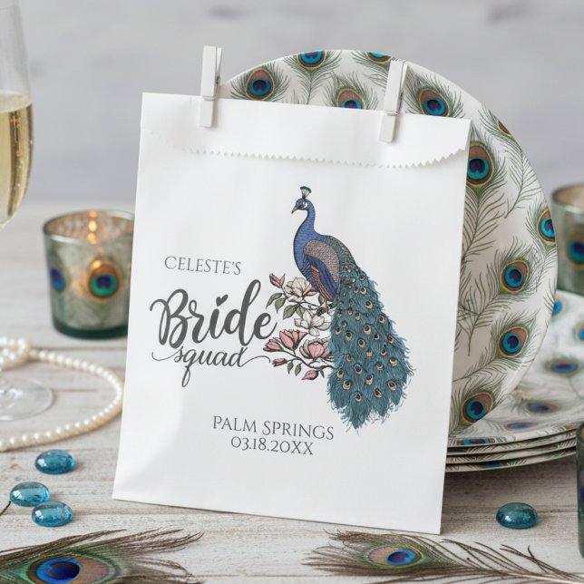 Bolsa De Papel Escuadrón de novias de pavo real azul moda (Chic Floral Peacock Bride Squad Bridal Shower Favor Bags for Elegant Flower & Bird Theme Wedding)