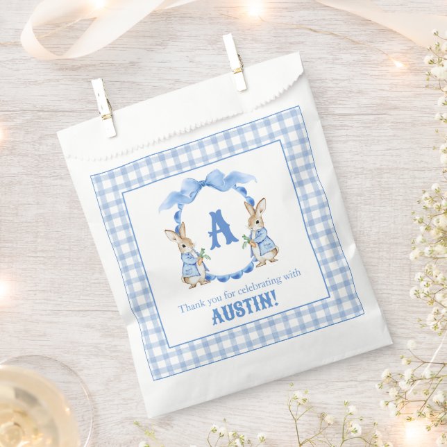 Bolsa De Papel Escudo Monograma de Blue Bunny Rabbit Gingham (Cortado)