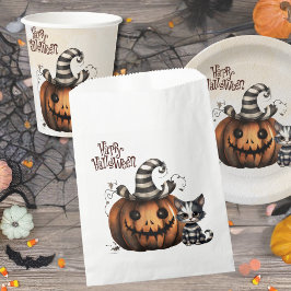 Bolsa De Papel Espeluznante calabaza negra a rayas de Halloween