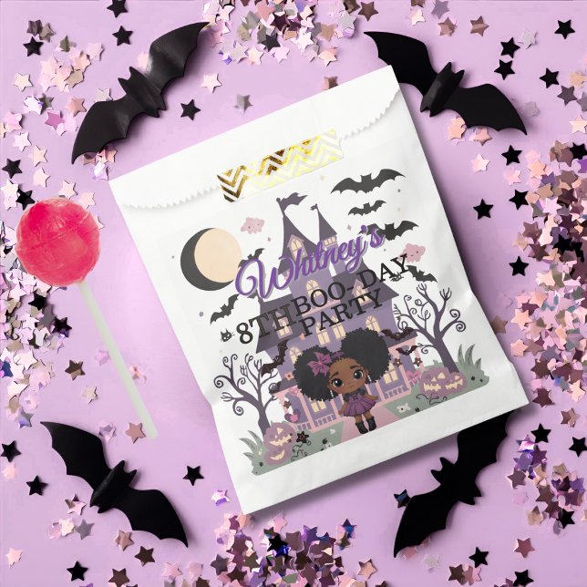 Bolsa De Papel Espeluznante Chica Fiesta de cumpleaños Purple afr (Spooky Girl Purple afro-puff Birthday Party Favor Bag)