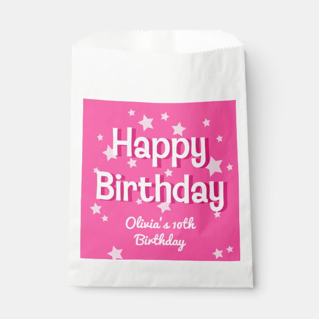 Bolsa De Papel Estrellas rosadas de Bonito retro Feliz cumpleaños (Anverso)
