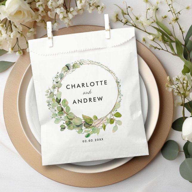 Bolsa De Papel Eucalipto simple y elegante (Simple, elegant eucalyptus wedding favor bag with your name and date.)