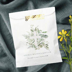 Bolsa De Papel Eucalipto Verde Rústico Fern Foliage Cross Baptism