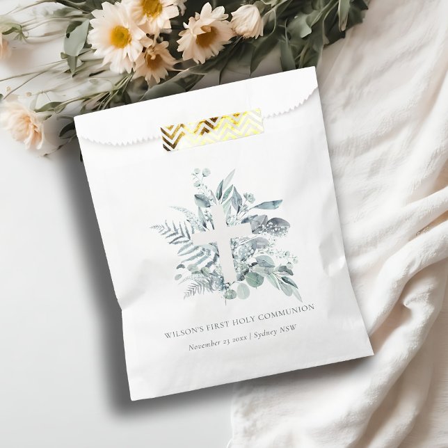 Bolsa De Papel Eucalyptus Fern Foliage Cross First Holy Communia (Subido por el creador)
