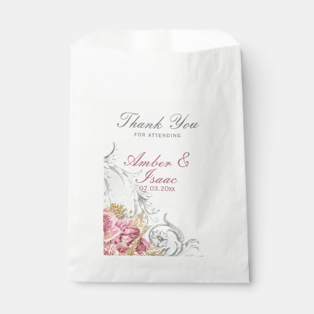 Bolsa De Papel Fancy Pink Floral Boda Gracias (Anverso)