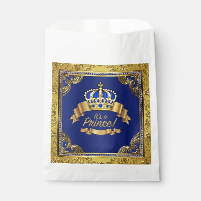 Bolsa De Papel Fancy Royal Blue Gold Prince Baby Shower (Anverso)