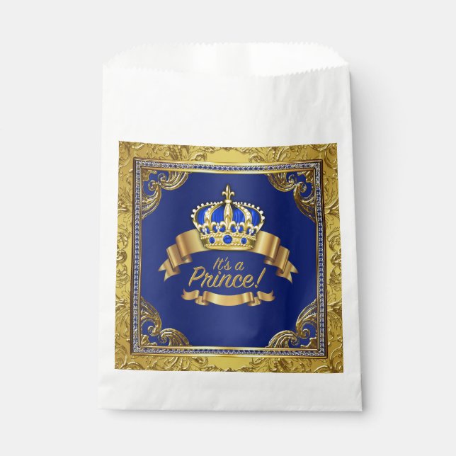 Bolsa De Papel Fancy Royal Blue Gold Príncipe Baby Shower (Anverso)