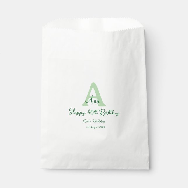 Bolsa De Papel Feliz 40 cumpleaños verde añadir nombre monograma  (Anverso)