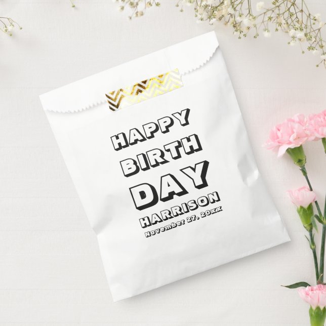 Bolsa De Papel Feliz cumpleaños blanco negro nombre personalizado (Sellado)