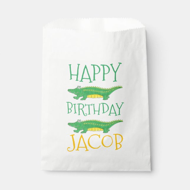 Bolsa De Papel Feliz cumpleaños, cocodrilo del lagarto verde amar (Anverso)