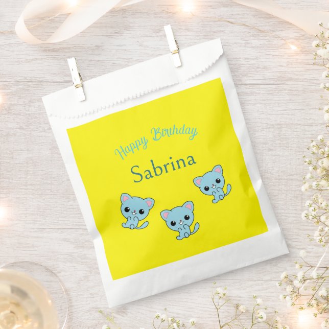 Bolsa De Papel Feliz cumpleaños lindos gatitos azules amarillos (Cortado)