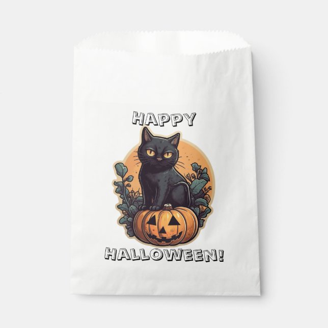 Bolsa De Papel Feliz Gato Negro de Halloween (Anverso)