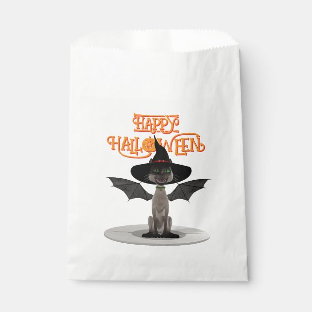 Bolsa De Papel Feliz Halloween. Gato con alas y gorra de bruja (Anverso)