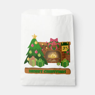 Bolsa De Papel Feliz Navidad cerca de la chimenea de fuego árbol