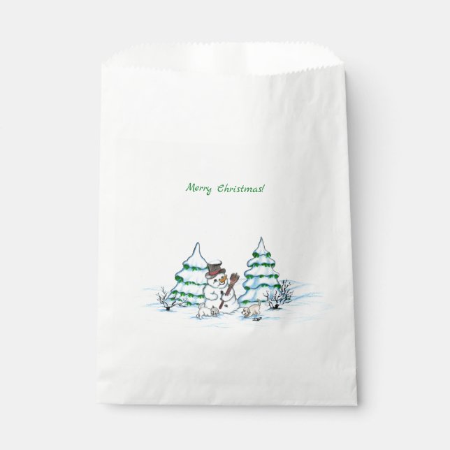 Bolsa De Papel ¡Feliz Navidad! Hombre de nieve con gato y cachorr (Anverso)