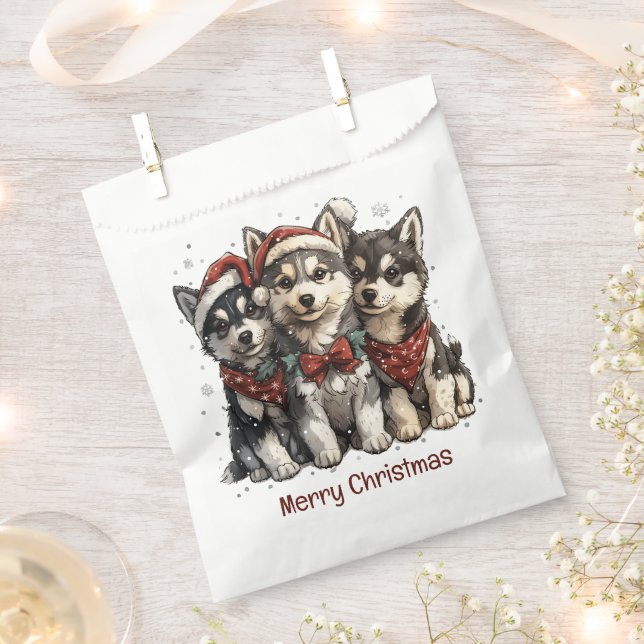 Bolsa De Papel Feliz Navidad Husky Dogs (Cortado)