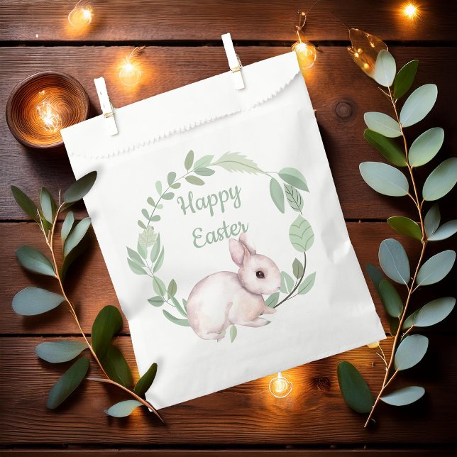 Bolsa De Papel Feliz Pascua Conejo Conejo Sage Floral Wreath (Cute Easter Bunny Rabbit and Eucalyptus Wreath Sage Green "Happy Easter" Favor Bags)