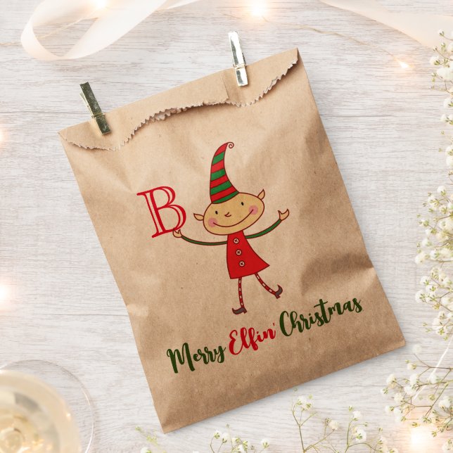 Bolsa De Papel Festividad divertida en Monogram Elf para los Navi (Cortado)