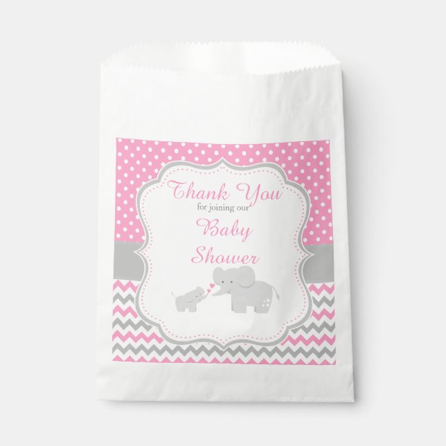 Bolsa De Papel Fiesta Baby Shower rosa y gris elefante (Anverso)