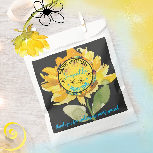 Bolsa De Papel Fiesta Chica de girasol Cumpleaños Negro (Sunflower Girl Party Birthday Black Favor Bag)