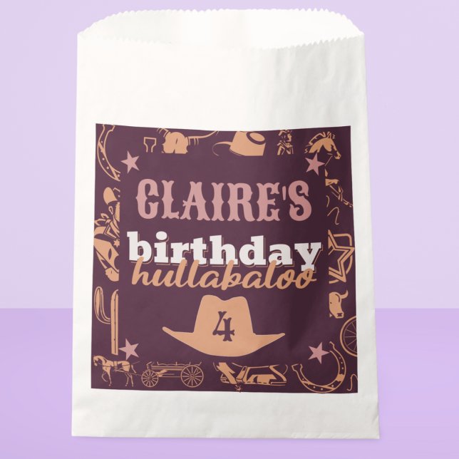 Bolsa De Papel fiesta de Cowgirl occidental "Cumpleaños Hullabalo (cowgirl birthday hullabaloo cowboy theme western Wild West theme custom name and age purple and pink)