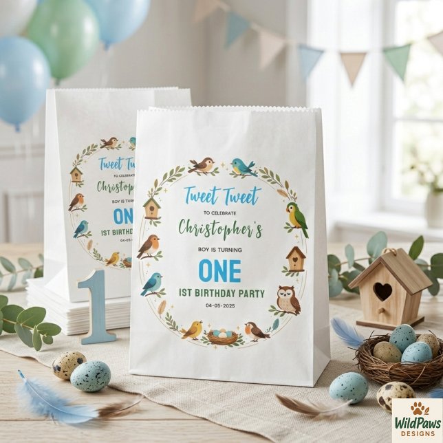Bolsa De Papel Fiesta de cumpleaños 1º de Pajaritos Lindos – Dive (Cute Birds 1st Birthday Party – Fun Kids Favor Bag
)
