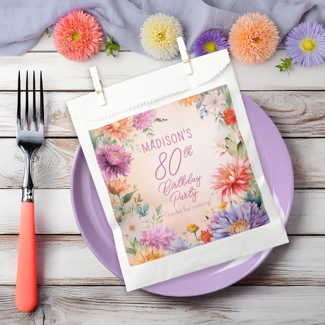 Bolsa De Papel Fiesta de cumpleaños 80 de flores Boho Aster (Boho Aster Flowers Floral 80th Birthday Party Favor Bag)