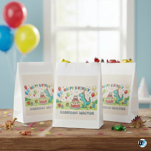 Bolsa De Papel Fiesta de Cumpleaños de Dinosaurio Adorable- Nombr