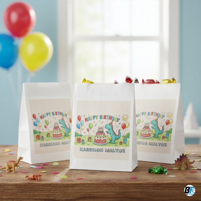 Bolsa De Papel Fiesta de Cumpleaños de Dinosaurio Adorable- Nombr (Subido por el creador)