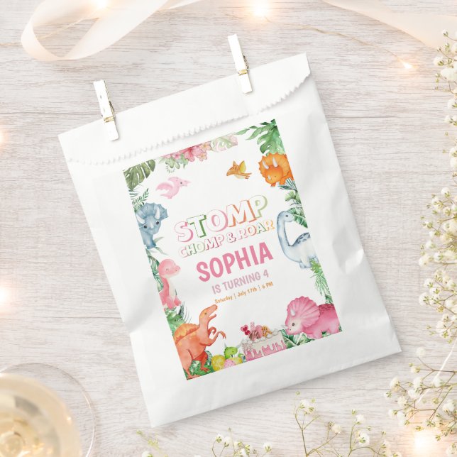 Bolsa De Papel Fiesta de cumpleaños de dinosaurios rosados, fiest (Cortado)