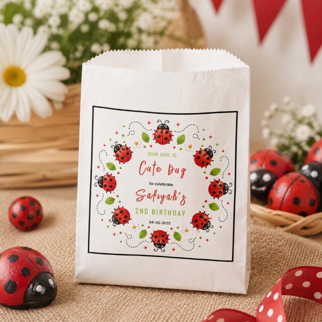 Bolsa De Papel Fiesta de Cumpleaños de Dos Años de Dos Mariquitas (Two Cute Ladybug 2nd Birthday Party for Kids Baby favor bag)