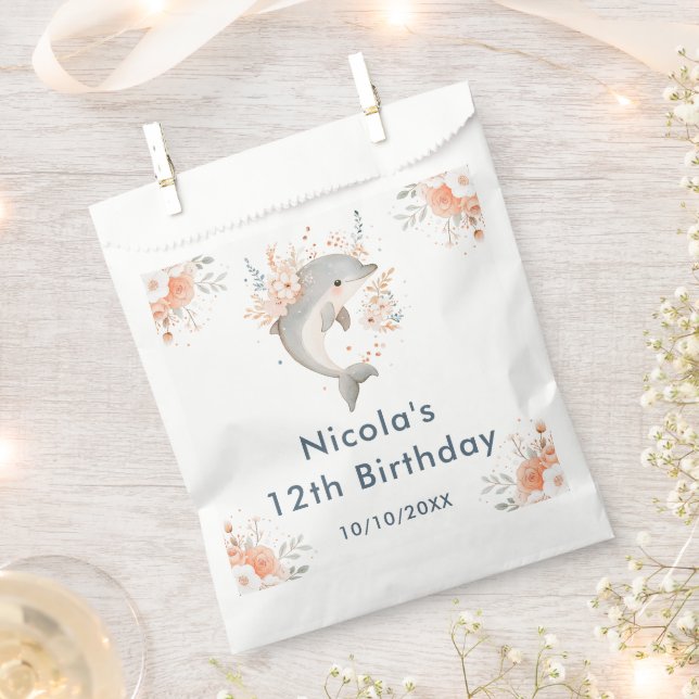 Bolsa De Papel Fiesta de cumpleaños delfín floral lindo (Cortado)
