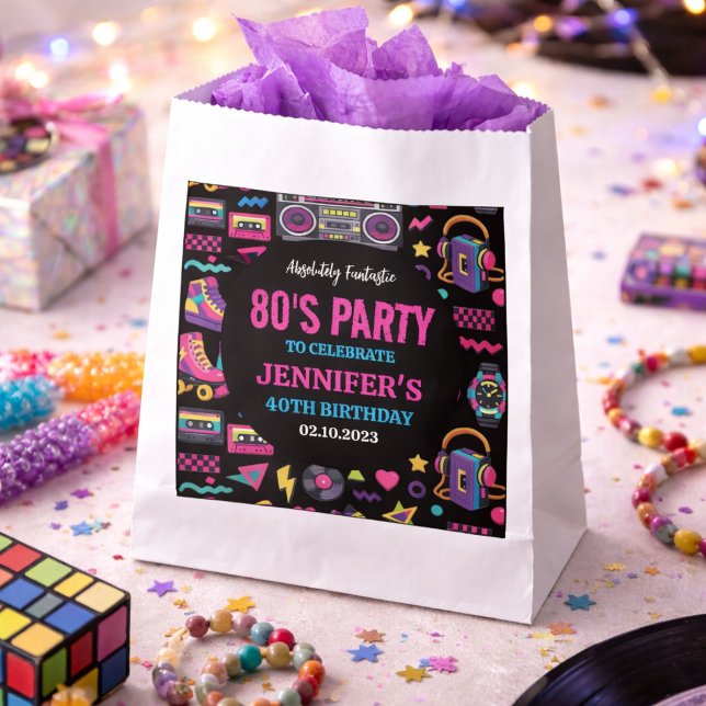 Bolsa De Papel Fiesta de Cumpleaños Moderna Retro Neon de los 80  (Modern Retro Neon 80’s Birthday Party for Adults Favor Bag
)