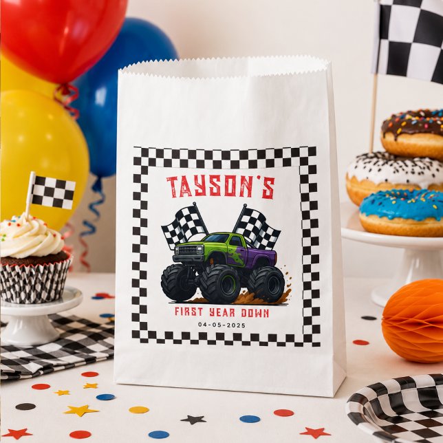 Bolsa De Papel Fiesta de cumpleaños número 1 de Monster Trucks  (Monster Trucks 1st Birthday Party Favor Bag
)
