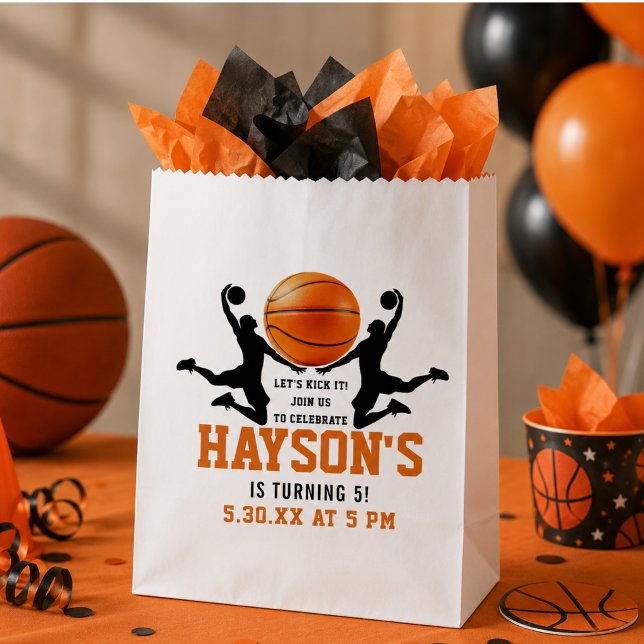 Bolsa De Papel Fiesta de cumpleaños número 5 de niño con balonces (orange basketball Boy 5TH Birthday Party Favor Bag)