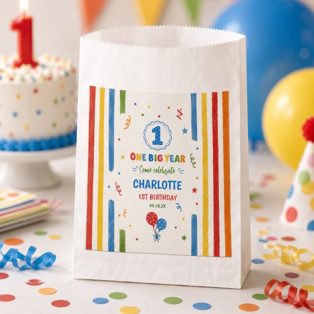 Bolsa De Papel Fiesta de cumpleaños número uno Bold Rainbow One B (Bold Rainbow One Big Year 1st Birthday party Favor Bag
)
