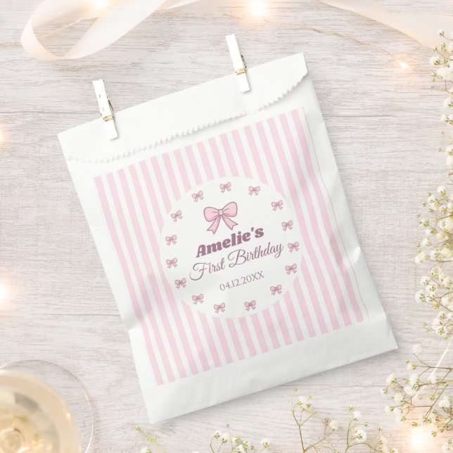 Bolsa De Papel Fiesta de Cumpleaños número uno con lazo rosa lind (Cortado)