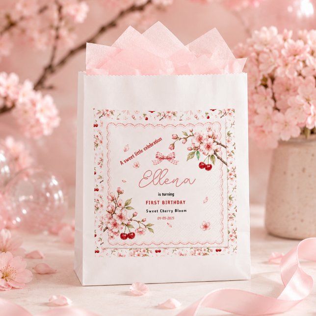 Bolsa De Papel Fiesta de cumpleaños número uno de Sweet Cherry Bl (Sweet Cherry Blossom 1st Birthday girl Party Favor Bag
)