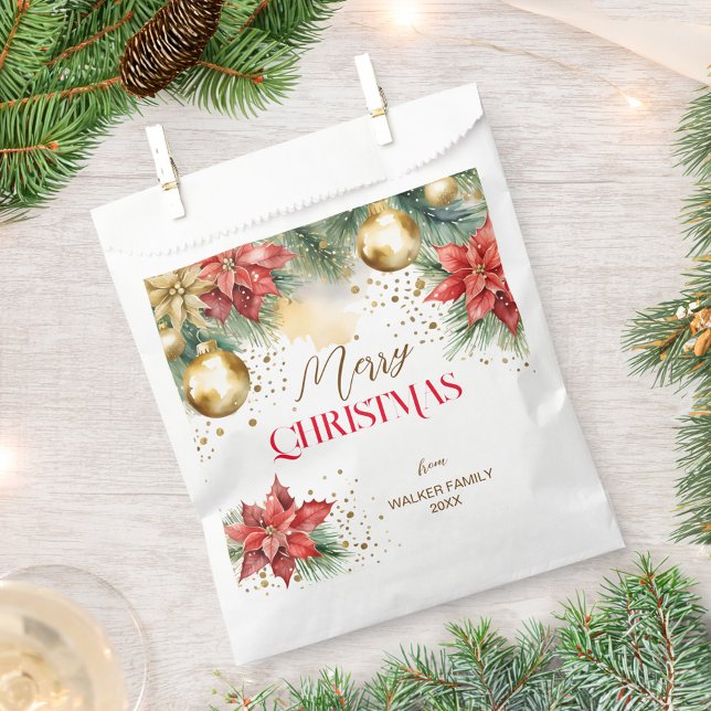 Bolsa De Papel Fiesta de la cena navideña (Merry Christmas dinner party Favor Bag watercolor pines red poinsettia gold baubles)