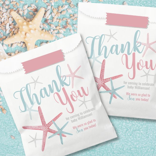 Bolsa De Papel Fiesta de Revelación de Género (Pink Blue Coastal Beach Summer Gender Reveal Party Favor Bag)