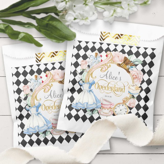 Bolsa De Papel Fiesta de té para sombreros, Alice Onederland, boc (Alice Onderland, Girl 1st birthday, snacks favor bags)