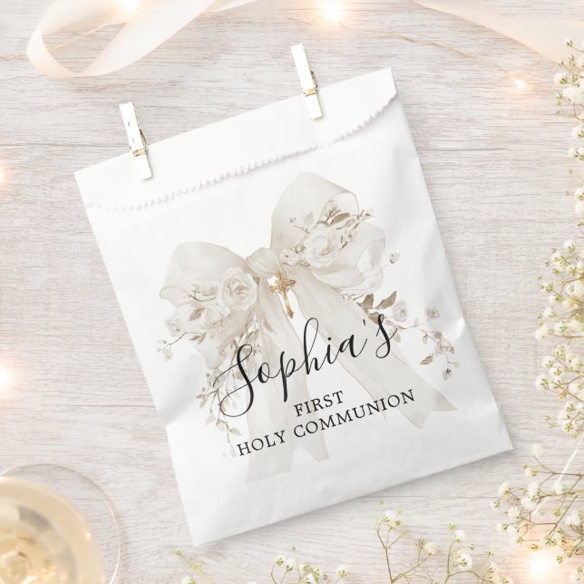 Bolsa De Papel First Communion Girl White Bow Roses Thank You (Cortado)